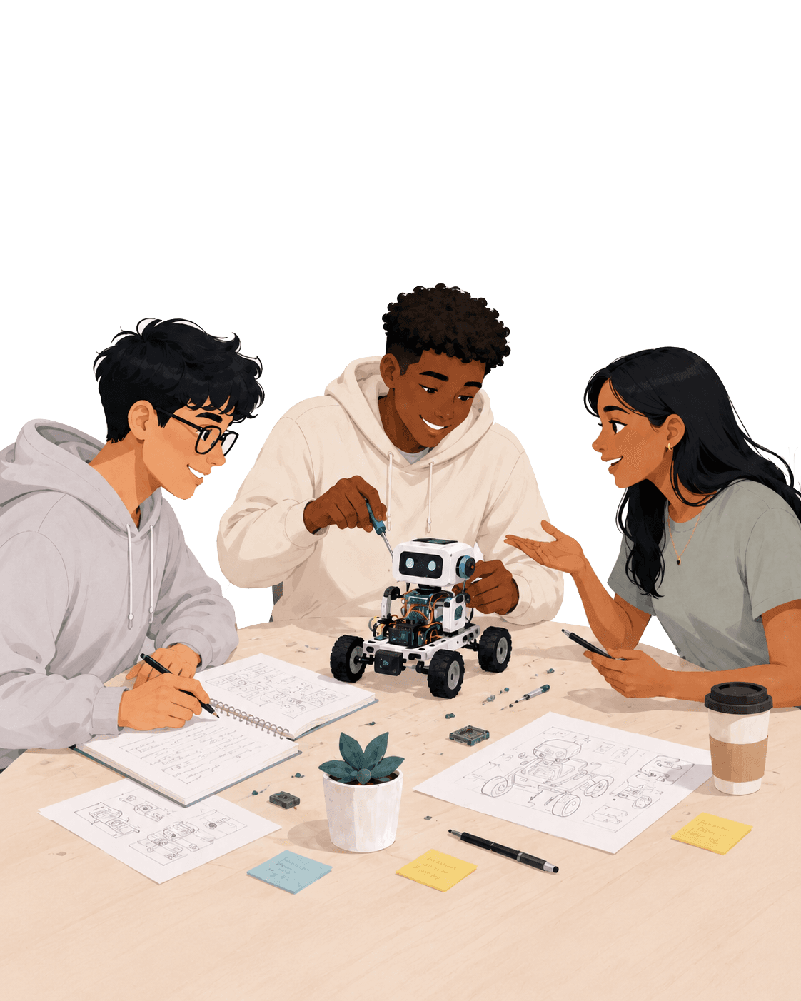 Students collaborating around a table on a robotics project